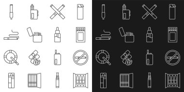Cigar, sigara yok, kibrit kutusu ve kibrit kutusu, sigara, çakmak ve Vape likit şişe ikonu. Vektör