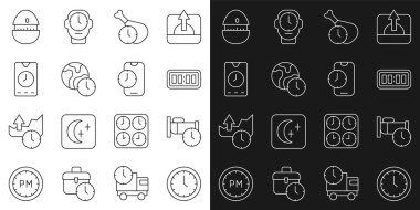 Hat saatini, uyku saatini, dijital alarm saatini, yemek saatini, dünyayı, alarm uygulama cep telefonunu, mutfak zamanlayıcısını ve simgeyi ayarla. Vektör