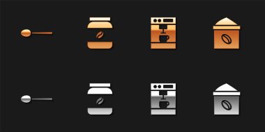 Set Spoon, Coffee jar bottle, machine and Bag coffee beans icon. Vector