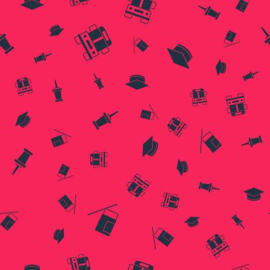 Silgi ya da kauçuk, okul otobüsü, pin iğnesi ve mezuniyet kepini pürüzsüz desen üzerine ayarla. Vektör