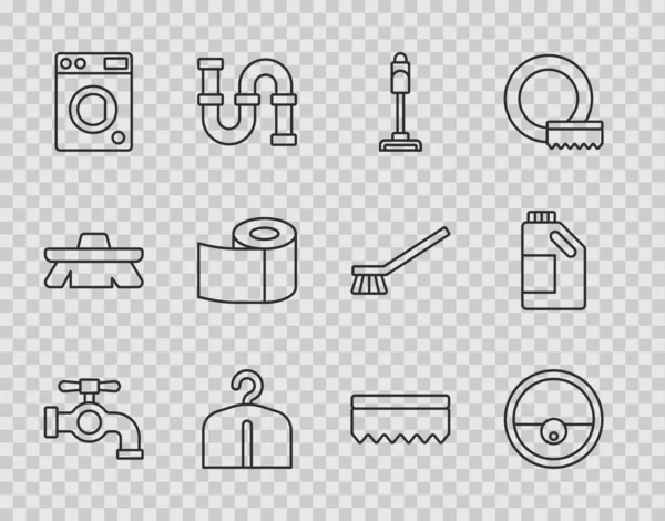 Set line Water tap, Robot vacuum cleaner, Vacuum, Hanger wardrobe, Washer, Toilet paper roll, Sponge and Bottle for cleaning agent icon. Vector — Stock Vector