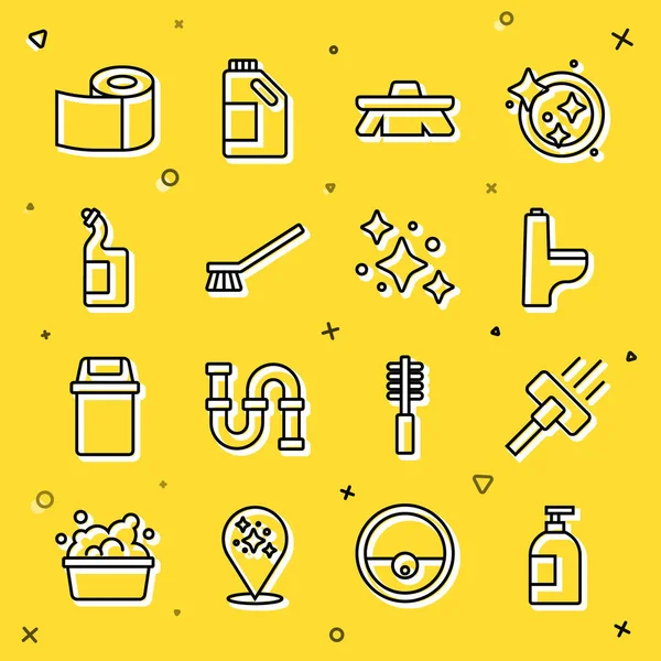 Bulaşık deterjanı şişesi, elektrikli süpürge, klozet, temizlik fırçası, kağıt rulo ve ev servisi ikonu. Vektör