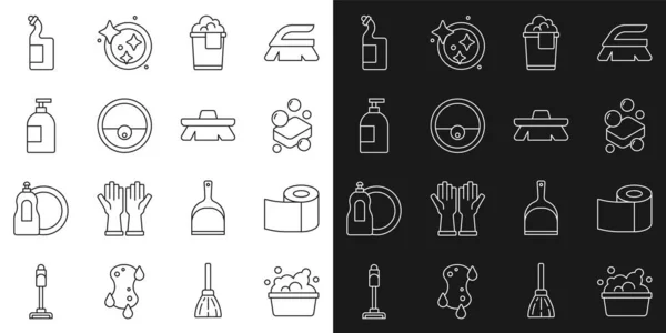 Set line Basin with soap suds, Toilet paper roll, Bar of, Bucket foam, Robot vacuum cleaner, Dishwashing liquid bottle, and Brush for cleaning icon. Vector — Archivo Imágenes Vectoriales