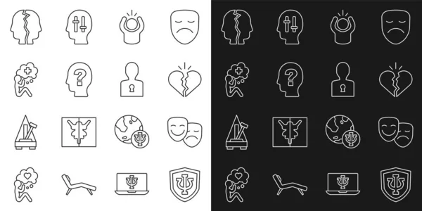 Set line Psychology, Psi, Comedy and tragedy masks, Broken heart or divorce, Anger, Head with question mark, Helping hand, Bipolar disorder and Solution to the problem icon. Vector — Vetor de Stock