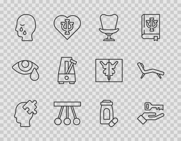 Set line Solution to the problem, Armchair, Pendulum, Man graves funeral sorrow, Metronome with pendulum, Sedative pills and icon. Vector — Stockvektor