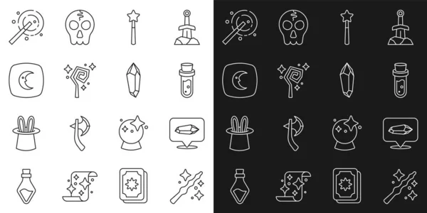Set line Magic wand, stone, Bottle with potion, staff, Moon stars, and icon. Vector — Stok Vektör