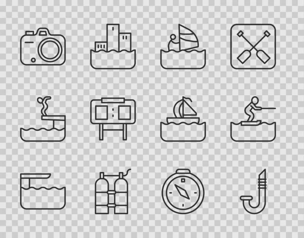 Set line Diving board or springboard, Snorkel, Windsurfing, Aqualung, Photo camera, Sport mechanical scoreboard, Compass and Water skiing man icon. Vector — Stockvector