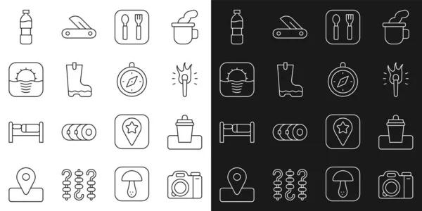 Set line Photo camera, Trash can, Torch flame, Fork and spoon, Waterproof rubber boot, Sunrise, Bottle water and Compass icon. Vector — ストックベクタ