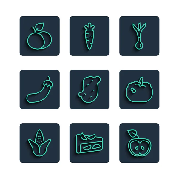 Set line Corn, Homemade fruit pie, Apple, Onion, Potato, Eggplant, Mango and Pumpkin icon. Vector — Stockový vektor