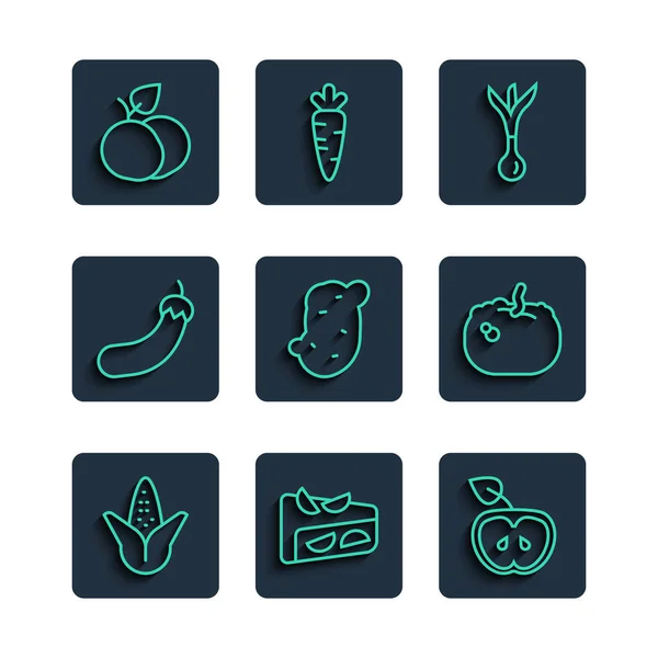 Set line Corn, Homemade fruit pie, Apple, Onion, Potato, Eggplant, Mango and Pumpkin icon. Vector — Vettoriale Stock