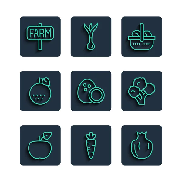 Встановити лінію Apple, Carrot, Pomegranate, Basket and Food, Coconut, Orange foods, Location farm і Broccoli icon. Вектор — стоковий вектор