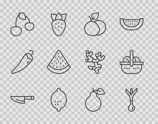 Sıralı bıçak, soğan, mango meyvesi, limon, kiraz, karpuz, armut ve sepet ve yemek ikonu. Vektör — Stok Vektör