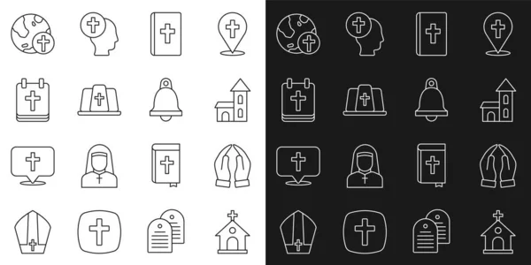 Set line Kirchengebäude, Hände beten Position, Bibelbuch, Papst Hut, Kalender mit Ostern, christliches Kreuz Globus und Glocke Ikone. Vektor — Stockvektor