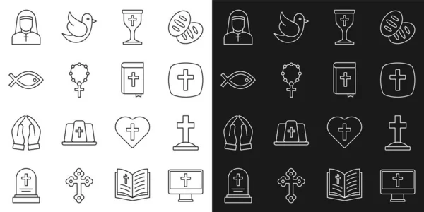 Setzen Sie Linie christliches Kreuz auf Monitor, Grab mit Kelch, Rosenkranz Perlen Religion, Fischsymbol, Nonne und Bibelbuch Ikone. Vektor — Stockvektor