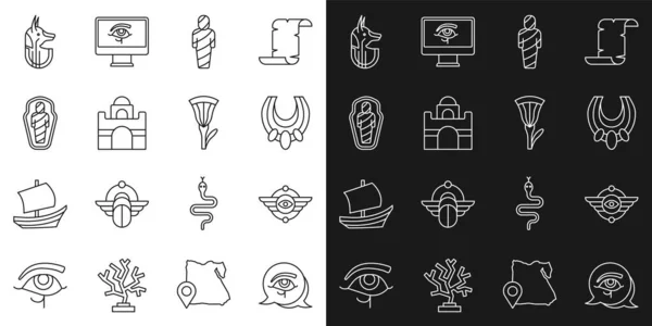 Set line Eye of Horus, Egyptian symbol Winged sun, necklace, mummy, house, sarcophagus, anubis and lotus icon. Vector — ストックベクタ