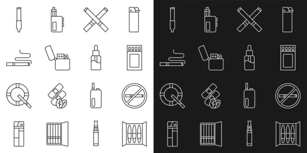 Set line Cigar, No smoking, Matchbox and matches, Cigarette, Lighter, and Vape liquid bottle icon. Vector — Vettoriale Stock