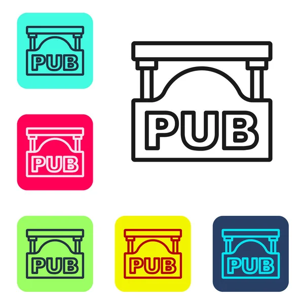 Black line Street signboard with inscription Pub icon isolated on white background. Suitable for advertisements bar, cafe, restaurant. Set icons in color square buttons. Vector — ストックベクタ