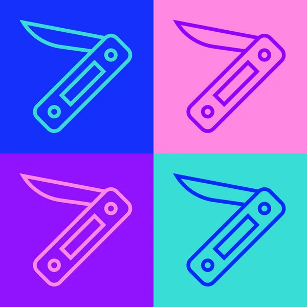 Линия поп-арта Швейцарский армейский нож икона изолированы на цветном фоне. Многофункциональный многофункциональный перочинный нож. Многофункциональный инструмент. Вектор — стоковый вектор