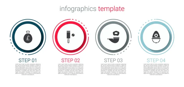 Накройте мешок с деньгами фунтом, битой и мячом для крикета, трубкой для курения и шлемом британской полиции. Бизнес-инфографический шаблон. Вектор — стоковый вектор