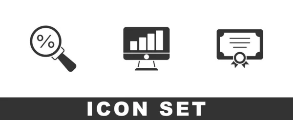ตั้งค่าการขยายกระจกด้วยเปอร์เซ็นต์, แผนภูมิกราฟจอคอมพิวเตอร์และไอคอนต้นแบบใบรับรอง เวกเตอร์ — ภาพเวกเตอร์สต็อก