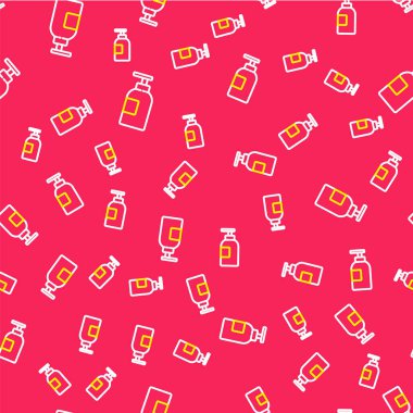 Line Hand dezenfektan şişe ikonu kırmızı arka planda izole edilmiş pürüzsüz desen. Dezenfeksiyon konsepti. Yıkama jeli. Hijyen için alkol şişesi. Vektör