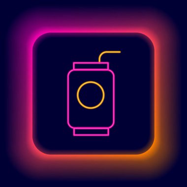 Siyah arka planda izole edilmiş saman simgesi içen parlak neon şeritli soda kutusu. Renkli taslak konsepti. Vektör