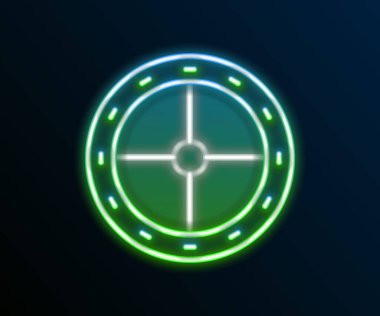 Parlayan neon çizgisi yuvarlak tahta kalkan ikonu siyah arkaplanda izole edildi. Güvenlik, güvenlik, koruma, mahremiyet, koruma kavramı. Renkli taslak konsepti. Vektör