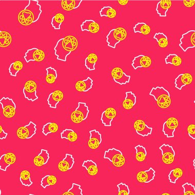 Line Human head with animals footprint icon isolated seamless pattern on red background. Pet paw in heart. Love to the animals.  Vector