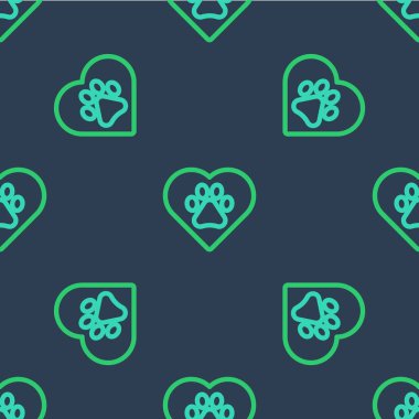 Hayvanların ayak izi ikonuna sahip Line Heart mavi arka planda izole edilmiş pürüzsüz desen. Yüreğindeki evcil hayvan pençesi. Hayvanlara sevgiler. Vektör