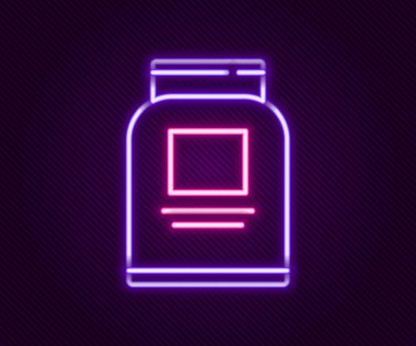 Parlayan neon hattı Spor beslenme vücut geliştirme protein enerji içeceği ve siyah arka planda izole edilmiş yiyecek ikonu. Renkli taslak konsepti. Vektör