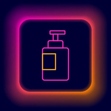 Parlayan neon hattı El dezenfektanı ikonu siyah arka planda izole edildi. Dezenfeksiyon konsepti. Yıkama jeli. Hijyen için alkol şişesi. Renkli taslak konsepti. Vektör