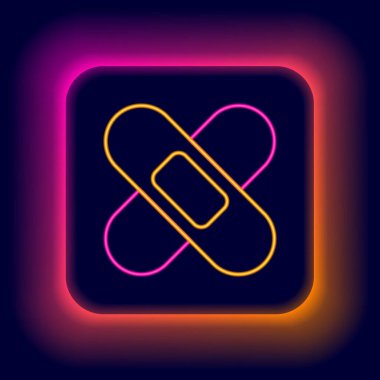 Parlayan neon çizgisi siyah arkaplanda izole edilmiş bandaj alçı ikonu. Tıbbi alçı, yapıştırıcı bandaj, esnek kumaş bandajı. Renkli taslak konsepti. Vektör