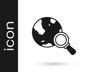 Beyaz arka planda izole edilmiş siyah büyüteç. Dünyayı analiz ediyorum. Küresel arama işareti. Vektör.