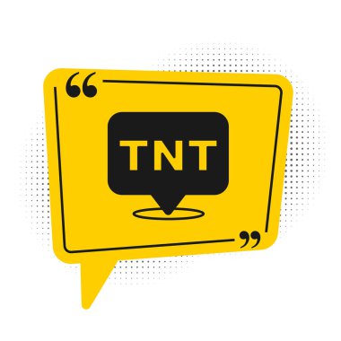 Beyaz arka planda siyah dinamit çubuğu ikonu izole edildi. Saatli bomba - patlama tehlikesi kavramı. Sarı konuşma balonu sembolü. Vektör