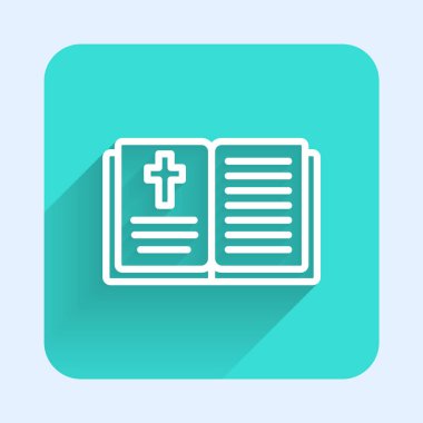 Beyaz çizgi kutsal kitap ikonu uzun gölgeli izole edilmiş. Yeşil kare düğmesi. Vektör.