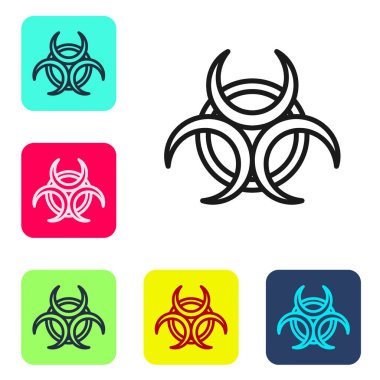 Beyaz arkaplanda siyah çizgi Biyolojik Tehlike sembolü izole edilmiş. Renkli kare düğmelerle simgeleri ayarla. Vektör.