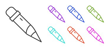 Beyaz arkaplanda silgi simgesine sahip siyah çizgi kalem. Çizim ve eğitim araçları. Okul sembolü. Simgeleri renklendirin. Vektör.