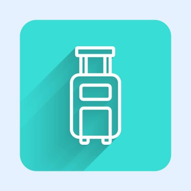 Seyahat simgesi için beyaz bavul uzun gölge arkaplanı ile izole edilmiş. Seyahat bagaj tabelası. Seyahat bagaj ikonu. Yeşil kare düğmesi. Vektör