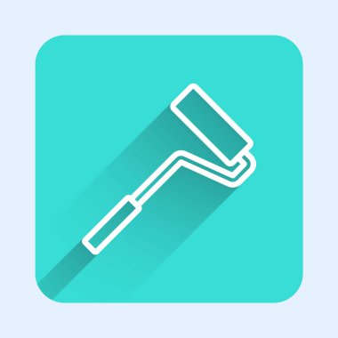 Beyaz çizgi boyalı fırça ikonu uzun gölge arkaplan izole. Yeşil kare düğmesi. Vektör