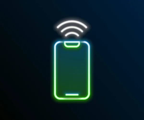 Zářící Neonová Linka Smartphone Bezplatným Bezdrátové Připojení Ikona Izolované Černém — Stockový vektor