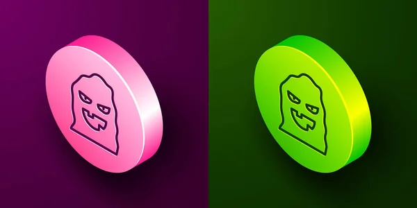 在紫色和绿色背景上隔离的万圣节图标的等距线有趣而可怕的鬼面具 万圣节快乐派对圆形按钮 — 图库矢量图片