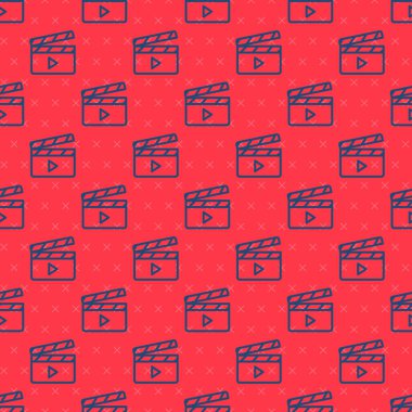 Mavi çizgi film alkışlayıcı simgesi kırmızı arkaplanda izole edilmiş pürüzsüz desen. Film alkışlama tahtası. Alkış tahtası işareti. Sinema yapımı ya da medya endüstrisi. Vektör