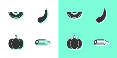 Taze salatalık, kavun meyvesi, balkabağı ve patlıcan ikonu. Vektör