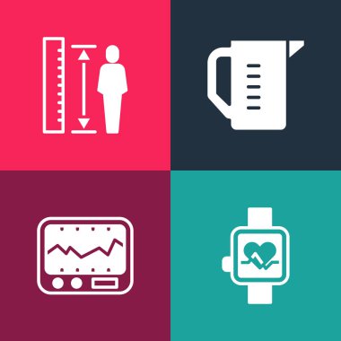 Set pop art Smart watch, Measuring instrument, cup and height body icon. Vector