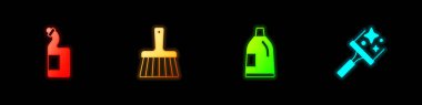Bulaşık deterjanı şişesi, süpürge, temizlik malzemesi için şişe ve temizleyici pencere simgesi ayarla. Vektör