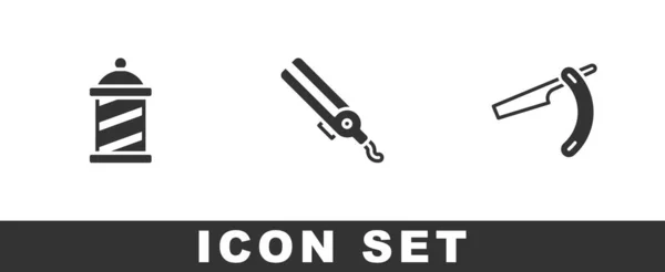 Set Barber Shop Pole Curling Iron Straight Razor Icon Vector — Stockvector