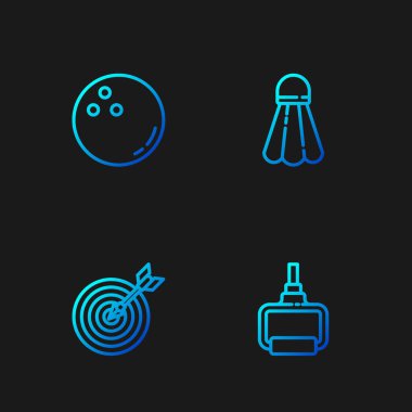 TPX döngü eğitim ekipmanları, oklu hedef, bowling topu ve badminton topu. Renk simgeleri. Vektör