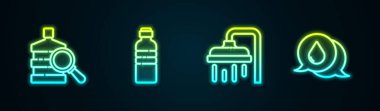 Büyük şişe, temiz su, bir şişe duş başlığı ve su damlası konuşma baloncukları. Parlayan neon ikonu. Vektör