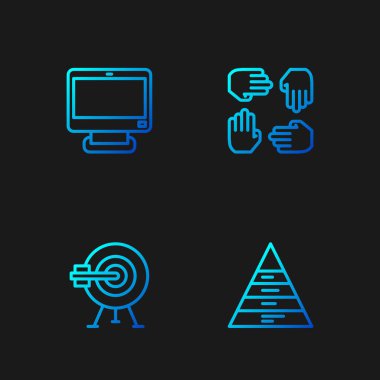 Satır Piramit grafiklerini, oklu hedefi, Bilgisayar monitörünü ve Proje ekip tabanını ayarla. Renk simgeleri. Vektör