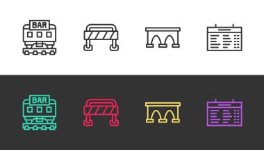 Set line Restaurant train, Road barrier, Bridge for and Train station board on black and white. Vector
